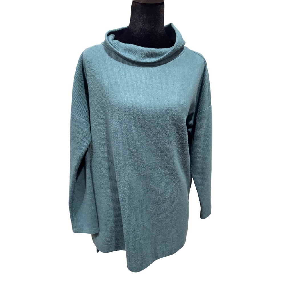 Anthropologie Teal Mock Neck Tunic Sweater Contrast Hem Size Small